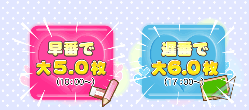 早番で大5.0枚(10:00〜)　遅番で大6.0枚(17:00〜)